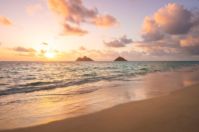 Photograph of Lanikai beach oahu, hawaii  at sunrise.