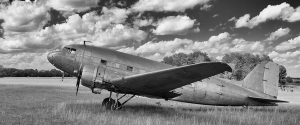 Fine art aviation photography of a DC-3 in black and white. 