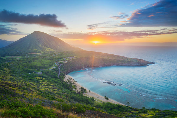 Photograph of hanauma bay at sunrise in oahu, Hawaii. 