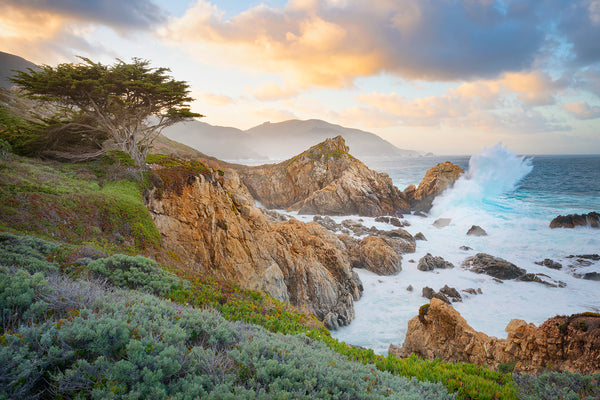 Ocean sunset photography in Big Sur California with large ocean waves. 