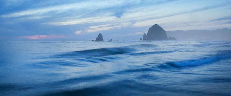 Photograph of waves and fog at Cannon Beach.