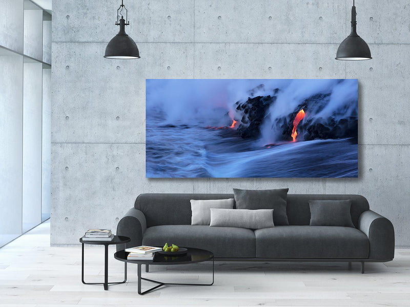 Hawaii Landscape Photography print "Crimson Cord" hung above a couch. 