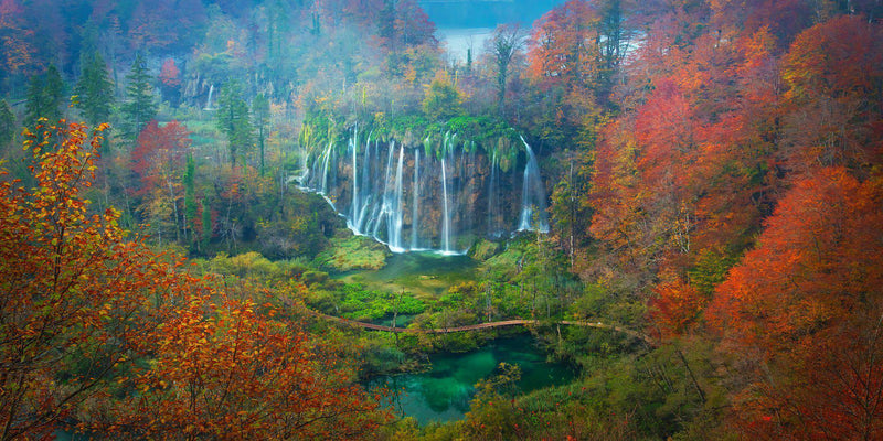 Photograph of waterfalls and fall color in Plitvice National Park, Croatia. 