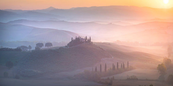 Photograph of vineyards and rolling hills in the fog at sunrise in Tuscany, Italy. 