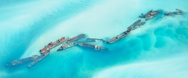 An aerial photograph of shipwrecks off the coast of Brisbane Australia. 