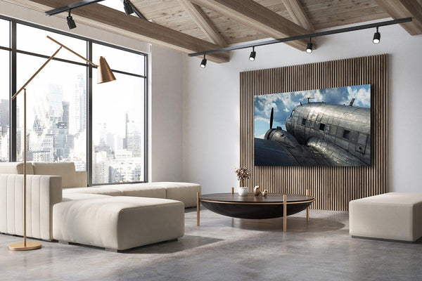 Fine art aviation photography.  Chromaluxe metal print hanging in industrial interior design. 