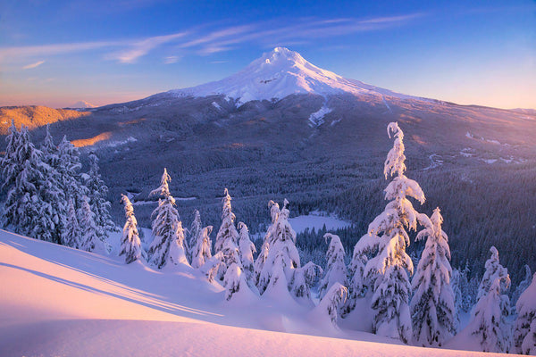 A snow covered Mt. Hood at sunrise